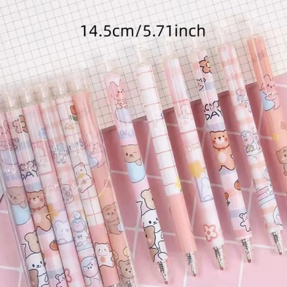 6 pc pink cartoon bear design black ink writing pens students office notes art - Picture 2 of 4